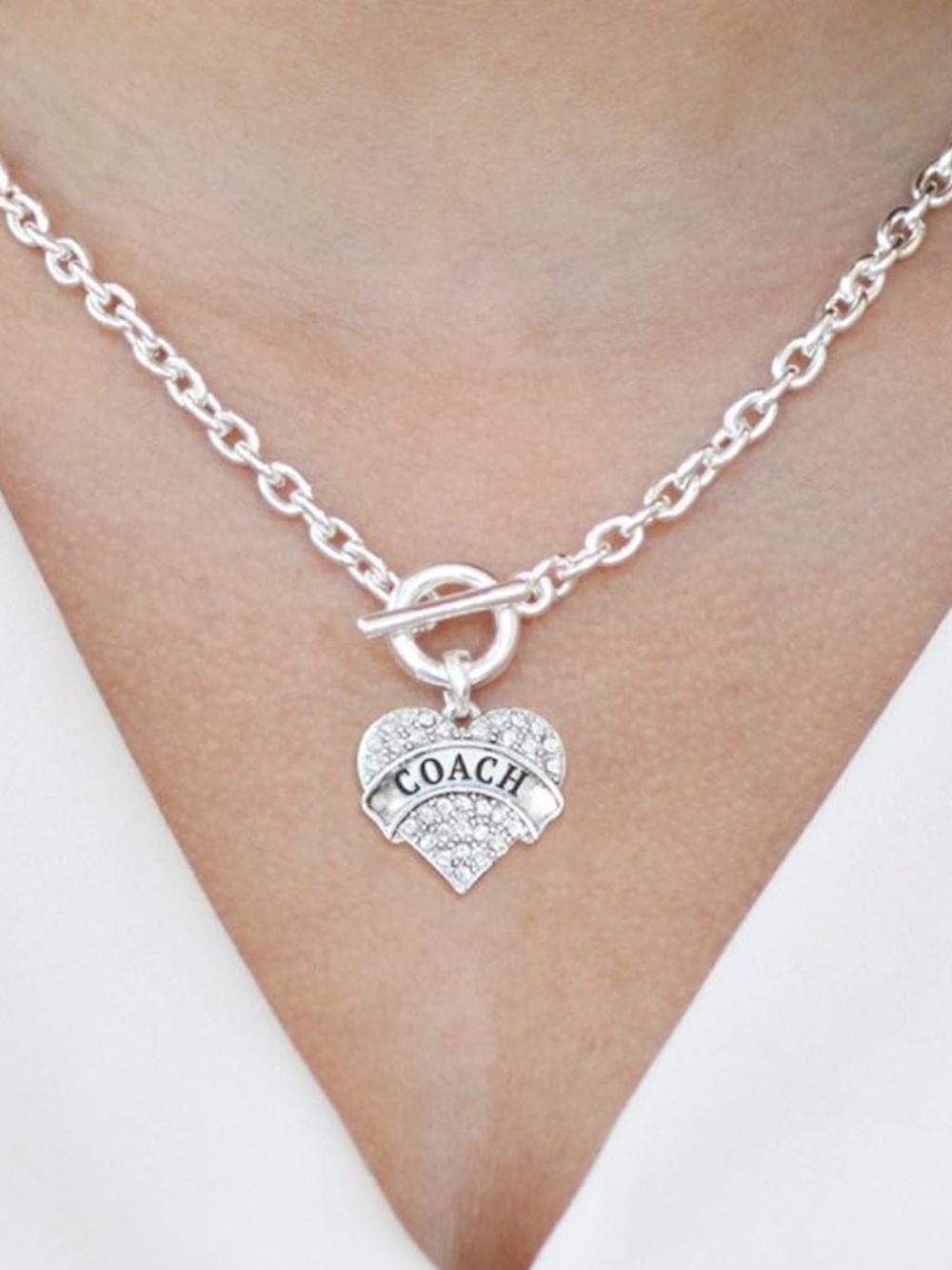 Coach Silver-Tone Crystal Heart Toggle Necklace